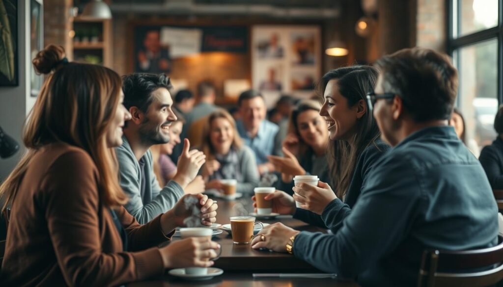 A bustling cafe scene, where people engage in lively conversation over steaming cups of coffee. In the foreground, two friends lean in, gesturing animatedly as they exchange ideas. The middle ground reveals a diverse group of individuals, some deep in thought, others laughing and gesturing, all demonstrating the art of social interaction. The background is softly blurred, creating a sense of depth and intimacy, drawing the viewer's attention to the central figures and their social skills on display. The lighting is warm and natural, casting a cozy glow over the scene, inviting the viewer to imagine themselves as part of the engaging dialogue.