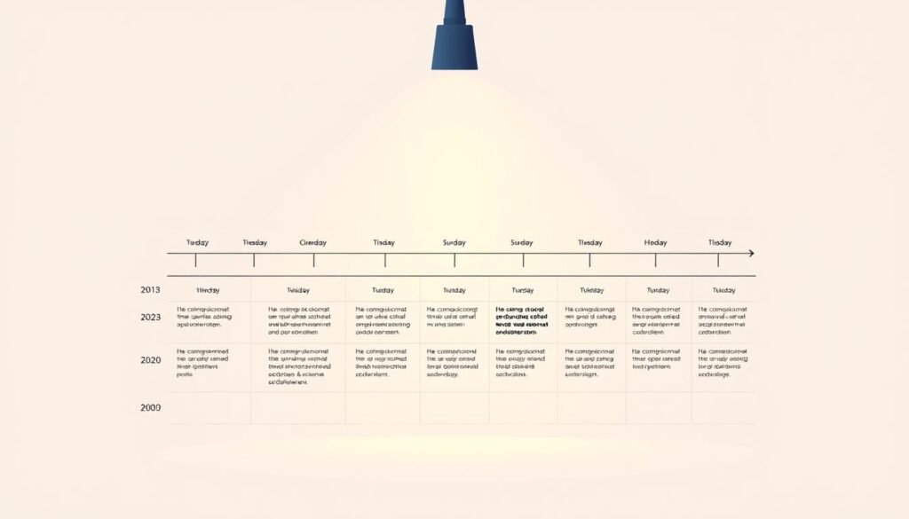 A clean, minimalist illustration depicting a tidy schedule of scholarship application deadlines and process stages. The foreground showcases a modern, sleek calendar interface with crisp, legible dates and application milestones. The middle ground features neatly organized columns and rows, conveying a sense of structure and clarity. The background is a soft, neutral gradient, allowing the application details to take center stage. Warm lighting from above casts a gentle glow, creating a professional, focused atmosphere. The overall impression is one of efficiency, organization, and attention to detail - perfectly suited to highlight the key information about the scholarship application timeline.