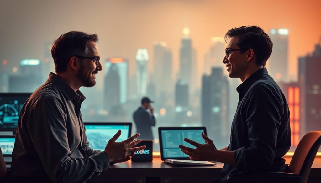 A digital communication dialogue set against a futuristic backdrop. In the foreground, two figures engaged in a lively discussion, their expressions animated and their gestures expressive. The middle ground features various digital devices and screens, conveying the sense of a technologically-driven exchange. The background is a hazy, neon-lit cityscape, suggesting the urban setting where this dialogue takes place. Soft, directional lighting casts a warm, contemplative glow, emphasizing the thoughtful nature of the conversation. The overall mood is one of connection and intellectual exchange, blending the human and the digital.