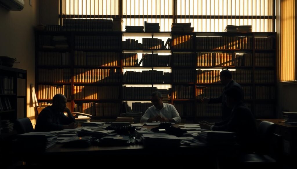 A dimly lit administrative office, papers and files scattered across a cluttered desk. Silhouettes of government officials, brows furrowed, engaged in a heated discussion, the weight of implementation challenges weighing heavily on their shoulders. In the background, a towering bookshelf filled with legal tomes and policy documents, casting long shadows across the room. Soft, warm lighting filters through the venetian blinds, creating a somber, contemplative atmosphere. The scene conveys the complexity and gravity of the "tantangan implementasi kebijakan" faced by those tasked with enacting meaningful educational reforms.