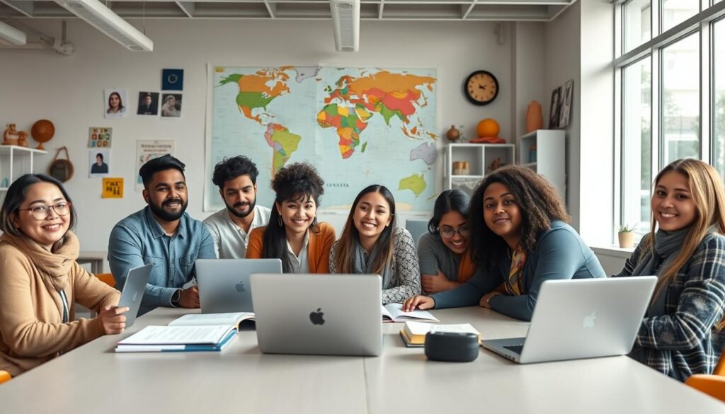 A diverse group of international students gathered in a modern, well-lit classroom, engaged in a thoughtful discussion about their educational opportunities. The scene is captured with a wide-angle lens, showcasing the spacious, airy environment with large windows that flood the room with natural light. The students, from various cultural backgrounds, sit around a long table, laptops and textbooks open, their expressions reflecting a sense of intellectual curiosity and global perspective. The atmosphere conveys a collaborative, supportive environment where these scholars can explore the possibilities of international scholarships and programs. In the background, a world map and various cultural artifacts suggest the global connections and cross-cultural exchange that are central to this educational experience.