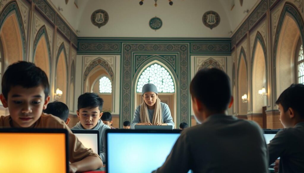 A serene Islamic school setting with a warm, welcoming atmosphere. In the foreground, a small group of students engaged in online learning, their faces lit by the soft glow of laptop screens. The middle ground features a teacher guiding them, their expression calm and attentive. The background showcases a traditional mosque-inspired architecture, with intricate geometric patterns and ornate calligraphy adorning the walls. Soft, diffused natural lighting filters in, creating a tranquil, contemplative mood. The overall scene conveys the integration of Islamic values and principles within the modern context of distance learning.