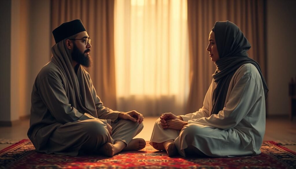 A serene and contemplative scene of two individuals in traditional Islamic attire, thoughtfully discussing the conclusion and recommendations regarding online marriage according to Islamic principles. The lighting is warm and diffused, casting a soft, introspective glow on their faces as they sit cross-legged on a plush, ornate rug. The background is blurred, allowing the focus to remain on the subjects and their earnest exchange. The overall atmosphere conveys a sense of wisdom, spiritual reflection, and a deep understanding of the nuances surrounding the topic of online marriage in the Islamic faith.