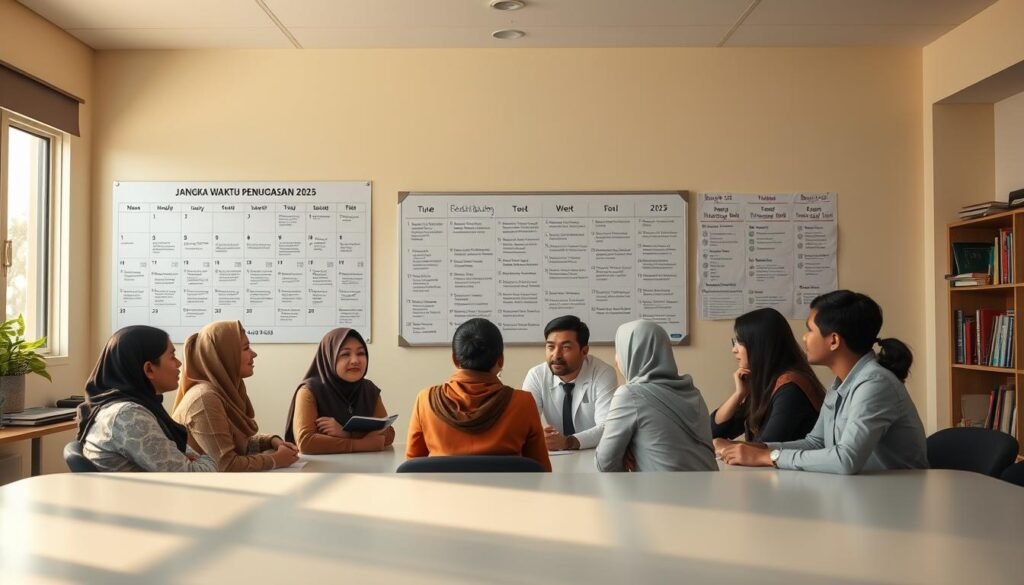 A serene classroom setting, illuminated by warm, natural lighting from large windows. In the foreground, a group of diverse teachers gathered around a conference table, engaged in a thoughtful discussion. Alongside them, a large wall calendar displays the "Jangka Waktu Penugasan 2025" timeline, with key milestones and deadlines clearly marked. The middle ground features a whiteboard filled with detailed plans and schedules, reflecting the collaborative nature of the redistribution process. In the background, a bookshelf and educational resources suggest a professional, academic environment conducive to finding solutions. The overall atmosphere is one of focused determination, as the teachers work together to address the challenges of teacher distribution across various schools and regions.
