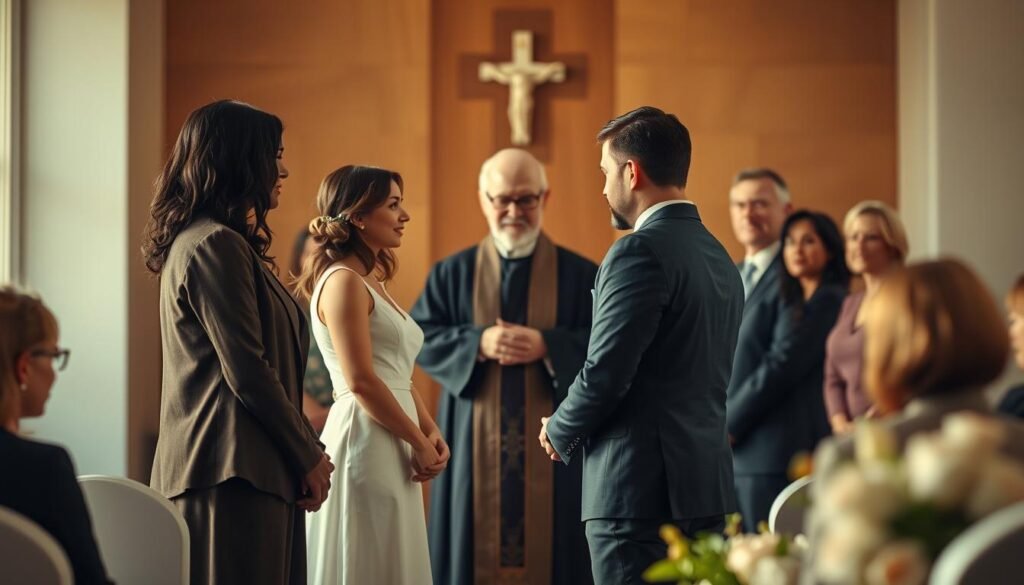 A solemn ceremony unfolds, captured in a serene, well-lit setting. At the center, two individuals stand before a respected religious figure, their hands clasped as they exchange vows. Flanking them, a small gathering of witnesses observes the sacred proceedings, their expressions conveying the gravity of the moment. The background is softly blurred, drawing the viewer's focus to the central tableau. Warm, natural lighting bathes the scene, imbuing it with a sense of reverence and authenticity. The overall composition evokes the solemnity and legality of an online marriage, the witnesses' presence validating the ceremony's legitimacy.