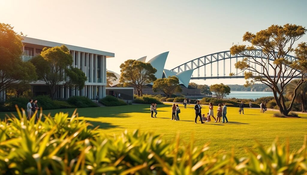 A tranquil Australian landscape in 2025, showcasing a vibrant short course program. In the foreground, a modern university campus building stands amidst lush greenery, its façade adorned with clean lines and contemporary architecture. In the middle ground, students engage in lively discussions, both indoors and outdoors, representing the diverse educational opportunities available. The background features the iconic Sydney Opera House and Harbor Bridge, providing a recognizable Australian backdrop. The scene is bathed in warm, golden sunlight, conveying a sense of opportunity and growth. The overall atmosphere evokes a welcoming, innovative, and dynamic educational environment tailored for the future.