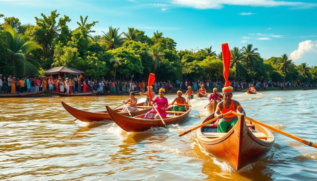 A vibrant and intricate scene of the traditional Pacu Jalur boat race in Riau, Indonesia. The foreground depicts the sleek, wooden boats with their distinctive prows and colorful decorations, their oarsmen expertly maneuvering through the tranquil waters. In the middle ground, spectators line the riverbanks, their traditional garments and vibrant expressions capturing the energy and excitement of the event. The background is framed by lush, verdant foliage and a clear, azure sky, creating a picturesque setting that showcases the rich cultural heritage and natural beauty of the region. The lighting is warm and diffused, casting a soft, golden glow over the entire scene, evoking a sense of timelessness and tradition.