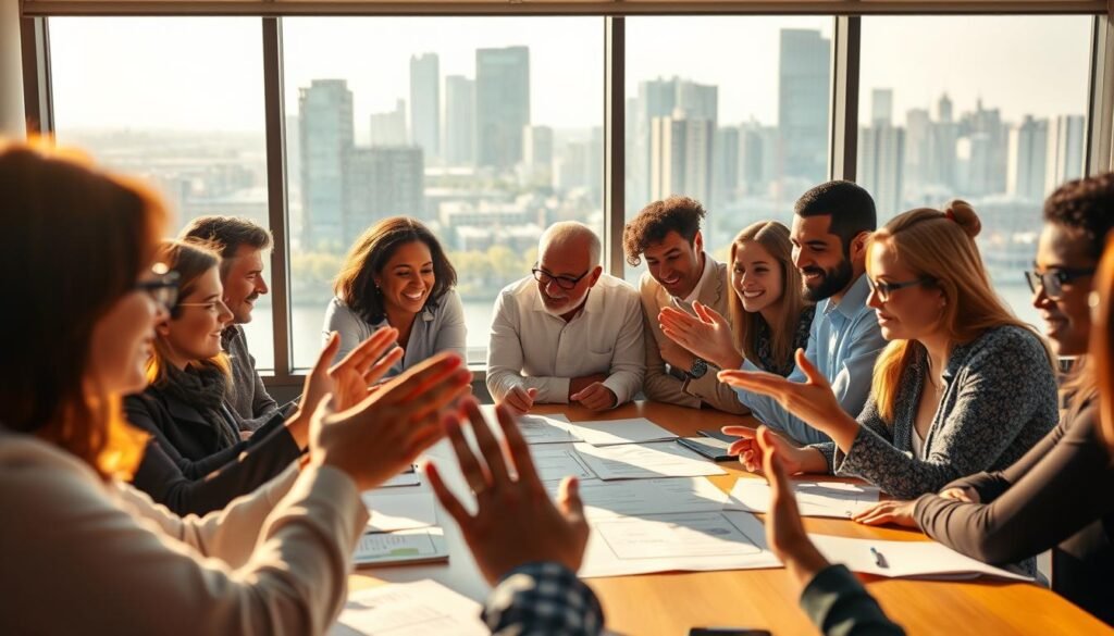 A vibrant collaboration between the national education department, featuring a diverse group of educators, administrators, and policymakers gathered around a large table. The scene is bathed in warm, natural lighting, creating a sense of openness and cooperation. In the foreground, hands gesture animatedly as they discuss plans and strategies, while in the middle ground, individuals from different backgrounds lean in, engaged in lively discussion. The background showcases a modern, well-equipped conference room, with large windows offering a glimpse of a bustling city skyline, symbolizing the nationwide scope of this educational movement.