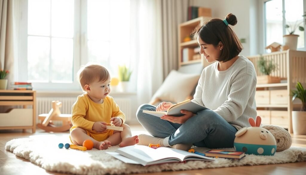 A warm, sunny, and inviting indoor scene depicting a parent and child engaged in learning activities. The parent, seated comfortably on a plush rug, is guiding the child through educational materials, books, and educational toys. The child, with a curious and engaged expression, is actively participating. The room is filled with natural light from large windows, creating a serene and nurturing atmosphere. Soft pastel colors, natural textures, and a cozy, homely ambiance convey the supportive role of the parent in facilitating the child's learning process during distance education. The composition emphasizes the collaborative and attentive dynamic between the parent and child.