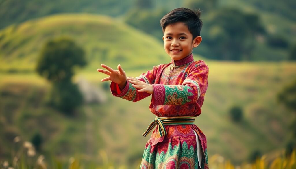 A young Indonesian boy, Rayyan Arkan, stands center frame, his body swaying gracefully as he performs the traditional "Aura Farming" dance. Clad in a vibrant, intricately patterned traditional costume, he commands the attention of the viewer, his expressive movements radiating energy and joy. The background is a softly blurred, verdant landscape, hinting at the cultural heritage and natural setting that inspire this captivating performance. Warm, natural lighting bathes the scene, creating a sense of warmth and authenticity. The camera angle is slightly elevated, allowing the viewer to fully appreciate Rayyan's skilled technique and the mesmerizing flow of the dance.