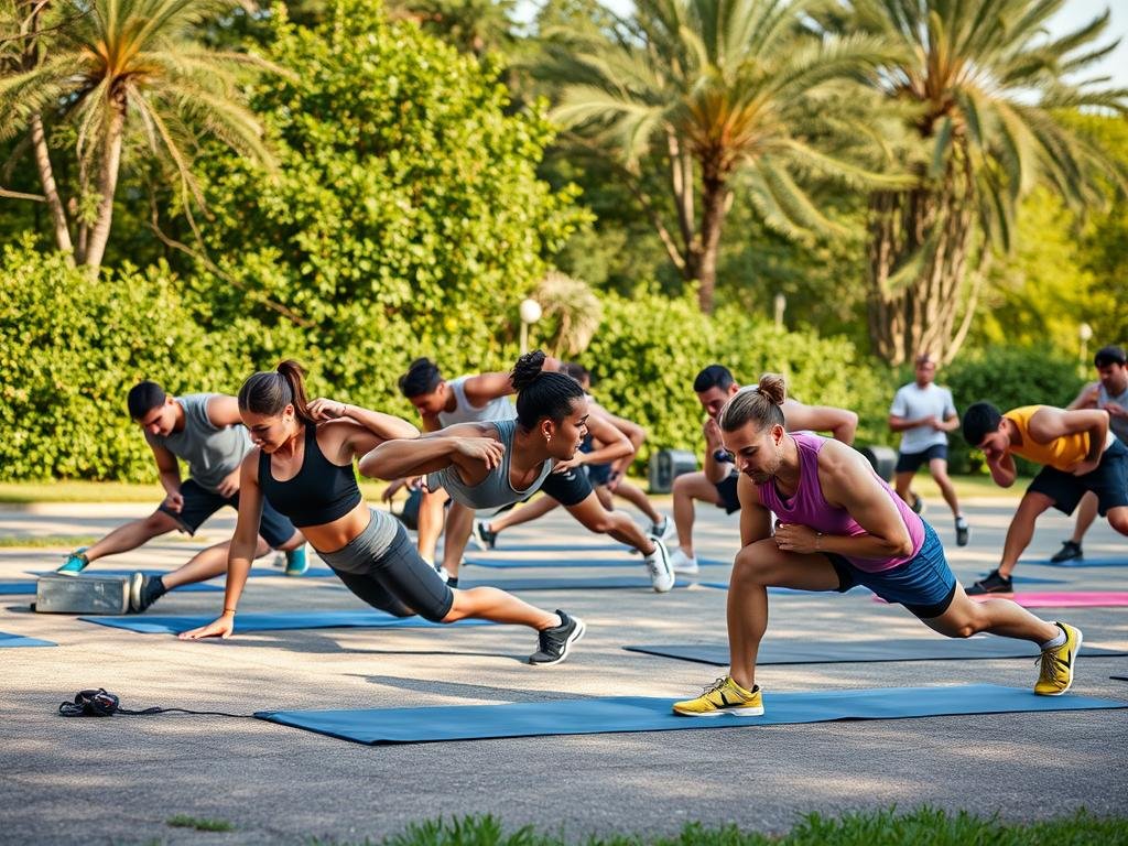 Grup orang melakukan berbagai teknik bodyweight training di luar ruangan Grup orang melakukan berbagai teknik bodyweight training di luar ruangan