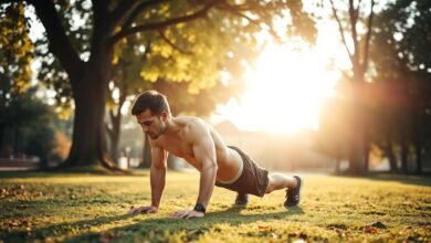 Seorang pria melakukan teknik bodyweight training dengan push-up di taman