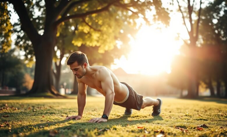Seorang pria melakukan teknik bodyweight training dengan push-up di taman