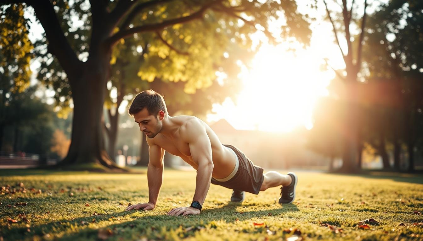 Seorang pria melakukan teknik bodyweight training dengan push-up di taman