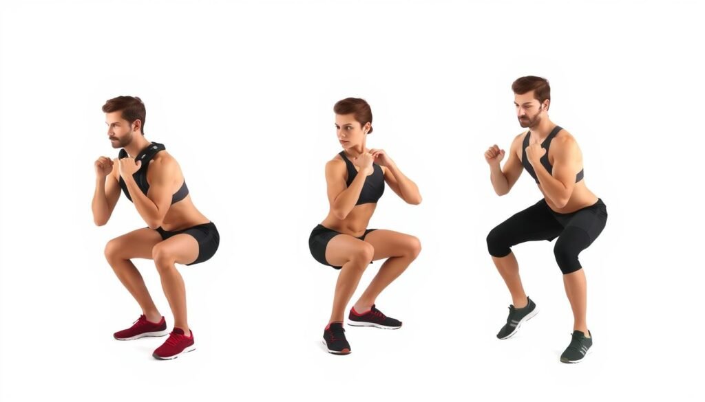 Tiga variasi squat dalam teknik bodyweight training untuk berbagai tingkat kemampuan Tiga variasi squat dalam teknik bodyweight training untuk berbagai tingkat kemampuan