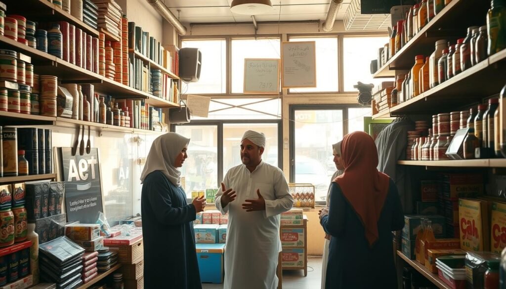 A bustling small business, its owner confidently standing amidst shelves stocked with a diverse array of goods. Sunlight streams through large windows, casting a warm glow over the scene. The owner, clad in traditional Islamic attire, gestures animatedly as they discuss strategies with a group of associates. In the background, a lively street can be seen through the windows, hinting at the vibrant community that supports this thriving enterprise. The atmosphere conveys a sense of success, collaboration, and the integration of Islamic principles into the operational framework of this flourishing UMKM, or small and medium enterprise. A bustling small business, its owner confidently standing amidst shelves stocked with a diverse array of goods. Sunlight streams through large windows, casting a warm glow over the scene. The owner, clad in traditional Islamic attire, gestures animatedly as they discuss strategies with a group of associates. In the background, a lively street can be seen through the windows, hinting at the vibrant community that supports this thriving enterprise. The atmosphere conveys a sense of success, collaboration, and the integration of Islamic principles into the operational framework of this flourishing UMKM, or small and medium enterprise.