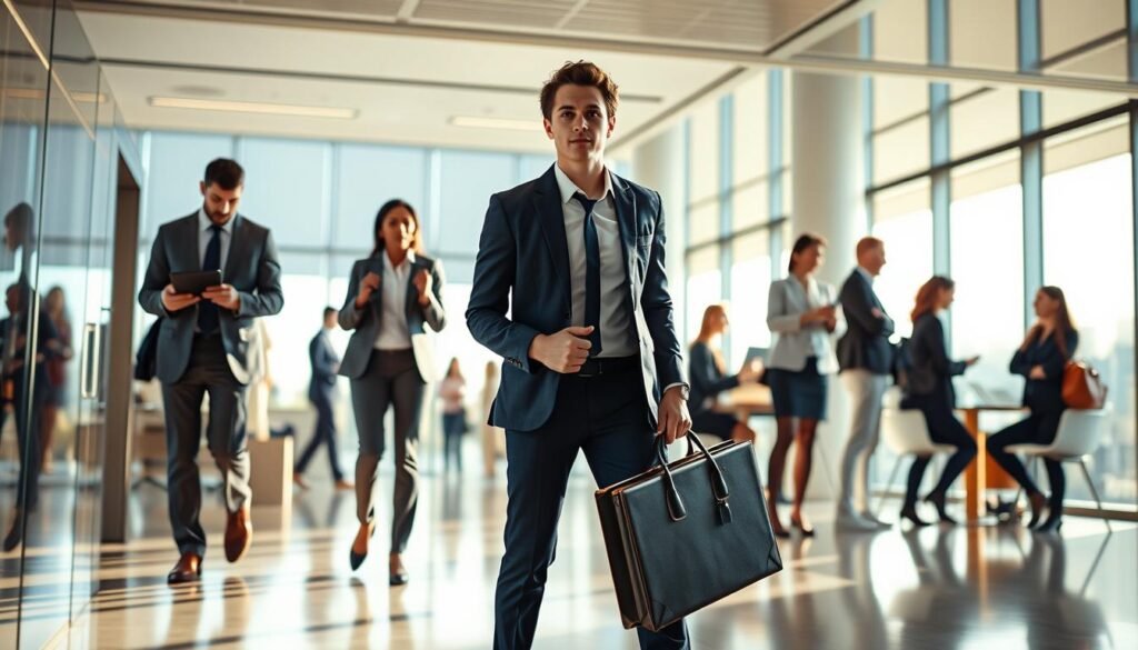 A dynamic and captivating scene depicting the "Career" concept. In the foreground, a young professional confidently strides forward, briefcase in hand, their attire and posture exuding a sense of purpose and ambition. In the middle ground, a diverse group of individuals engaged in various career-oriented activities, from networking to interviewing, symbolizing the talent pipeline. The background features a sleek, modern office environment with floor-to-ceiling windows, allowing natural light to flood the scene and create a warm, inviting atmosphere. The overall composition conveys a sense of growth, opportunity, and the seamless transition from scholarship to a fulfilling career, reflecting the essence of the article's subject and section title.