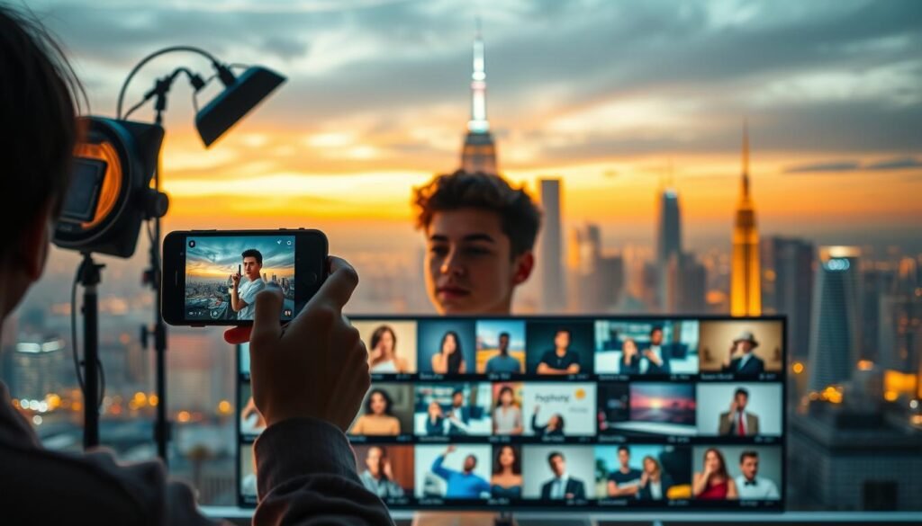 A high-definition, cinematic image of a TikTok content strategy for product and service sales. In the foreground, a young influencer records a captivating video on their smartphone, surrounded by a minimalist setup with lighting equipment and props relevant to their niche. The middle ground features a grid of TikTok video thumbnails showcasing diverse content types, from educational tutorials to entertaining skits. In the background, a vibrant, color-graded cityscape sets the scene, hinting at the global reach and possibilities of TikTok. The image conveys a sense of professionalism, creativity, and the potential for business growth through strategic TikTok content. A high-definition, cinematic image of a TikTok content strategy for product and service sales. In the foreground, a young influencer records a captivating video on their smartphone, surrounded by a minimalist setup with lighting equipment and props relevant to their niche. The middle ground features a grid of TikTok video thumbnails showcasing diverse content types, from educational tutorials to entertaining skits. In the background, a vibrant, color-graded cityscape sets the scene, hinting at the global reach and possibilities of TikTok. The image conveys a sense of professionalism, creativity, and the potential for business growth through strategic TikTok content.