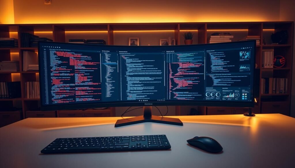 A sleek and modern software workspace, with a large, curved ultrawide monitor displaying intricate coding interfaces and data visualizations. Warm, indirect lighting bathes the scene, creating a serene and focused atmosphere. In the foreground, a minimalist mechanical keyboard and a high-end wireless mouse sit on a clean, minimalist desk. Shelves in the background hold neatly organized tech books, manuals, and a few carefully curated decor pieces. The overall scene conveys a sense of professionalism, productivity, and technological sophistication.