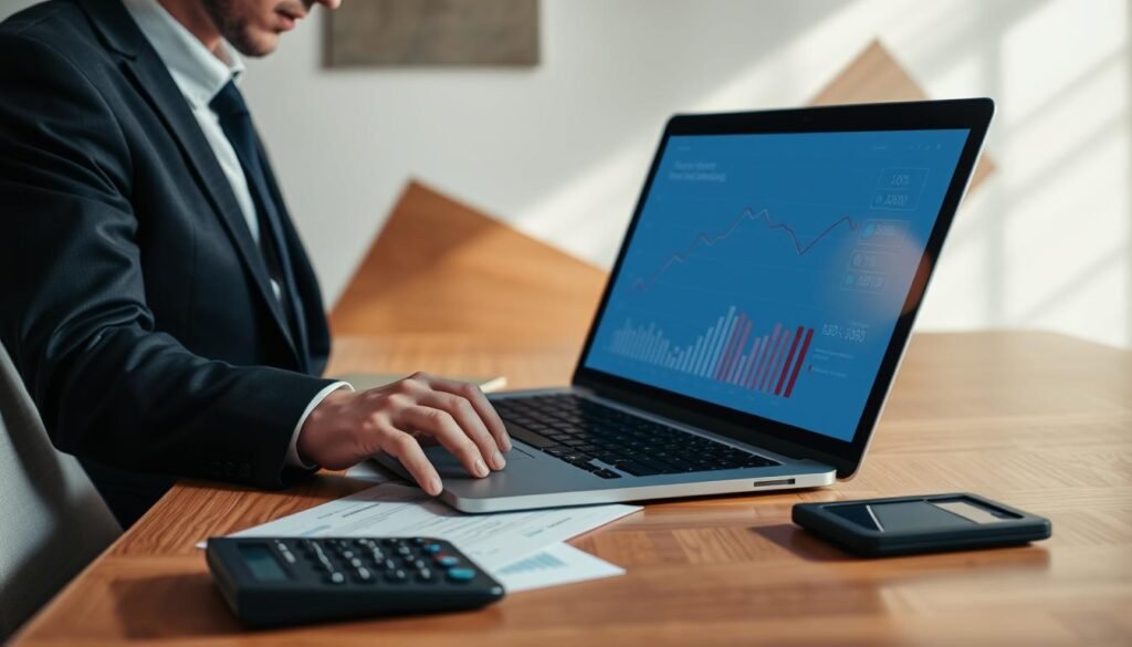 A sleek, modern office setting with a wooden desk showcasing a laptop, financial documents, and a calculator. In the foreground, a person in a suit is carefully reviewing performance metrics displayed on the laptop screen, their expression one of focused evaluation. Soft, directional lighting casts subtle shadows, emphasizing the thoughtful atmosphere. The background features abstract geometric shapes and patterns, hinting at the complex financial landscape of small and medium enterprises. An overall sense of professionalism, analysis, and strategic financial planning pervades the scene. A sleek, modern office setting with a wooden desk showcasing a laptop, financial documents, and a calculator. In the foreground, a person in a suit is carefully reviewing performance metrics displayed on the laptop screen, their expression one of focused evaluation. Soft, directional lighting casts subtle shadows, emphasizing the thoughtful atmosphere. The background features abstract geometric shapes and patterns, hinting at the complex financial landscape of small and medium enterprises. An overall sense of professionalism, analysis, and strategic financial planning pervades the scene.