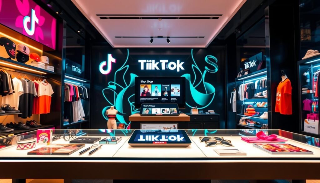 A vibrant and dynamic storefront display showcasing the diverse monetization options within the TikTok ecosystem. In the foreground, a sleek and modern product display with various merchandise and accessories, all illuminated by warm, focused lighting to highlight their allure. In the middle ground, an interactive kiosk or digital display showcases the TikTok Shop platform, its intuitive interface, and the wide range of selling tools available to creators and entrepreneurs. The background features a stylized TikTok logo and graphic elements that evoke the platform's youthful, energetic brand identity. The overall scene conveys a sense of opportunity, innovation, and the vast potential for generating sales and revenue through the TikTok platform. A vibrant and dynamic storefront display showcasing the diverse monetization options within the TikTok ecosystem. In the foreground, a sleek and modern product display with various merchandise and accessories, all illuminated by warm, focused lighting to highlight their allure. In the middle ground, an interactive kiosk or digital display showcases the TikTok Shop platform, its intuitive interface, and the wide range of selling tools available to creators and entrepreneurs. The background features a stylized TikTok logo and graphic elements that evoke the platform's youthful, energetic brand identity. The overall scene conveys a sense of opportunity, innovation, and the vast potential for generating sales and revenue through the TikTok platform.