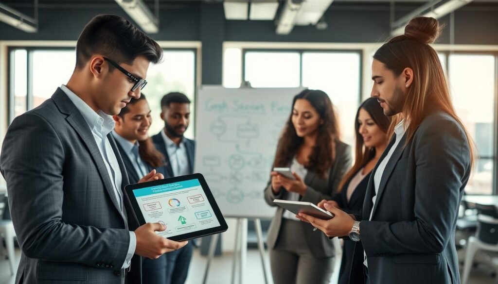 A diverse group of young professionals in business attire are engaging in a collaborative workshop focused on technology scholarship registration. In the foreground, two individuals are closely analyzing a digital tablet displaying application guidelines, while another takes notes. The middle ground features a whiteboard filled with flowcharts and diagrams that represent the scholarship process. The background illustrates a modern office space with large windows allowing natural light to flood in, creating an inspiring atmosphere. The scene conveys a sense of motivation and creativity, emphasizing teamwork and innovation. The lighting is bright and warm, enhancing the inviting mood, with a slight depth of field effect to focus on the subjects.