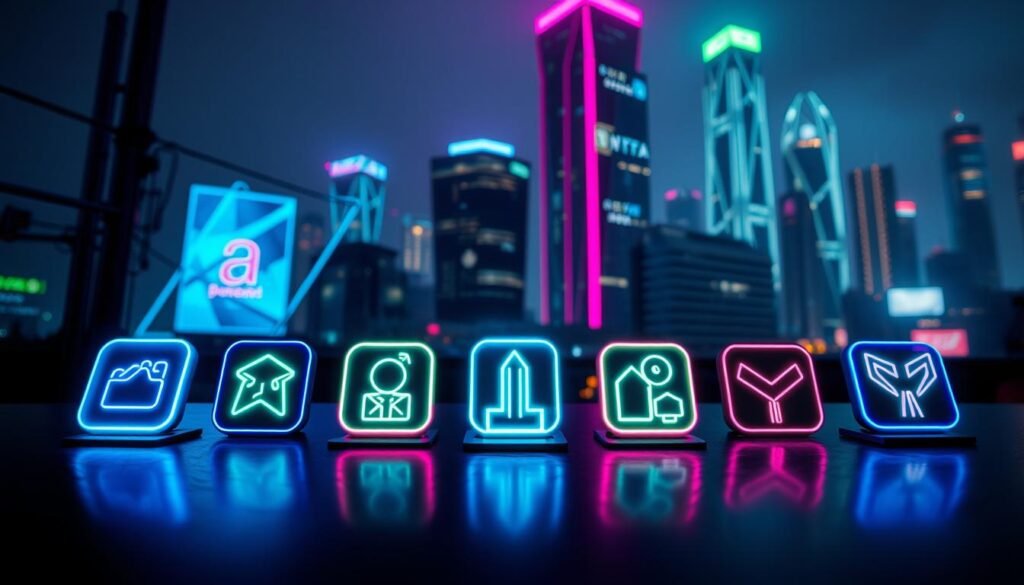 A dynamic composition showcasing a collection of neon line app icons, inspired by cyberpunk aesthetics. In the foreground, feature a selection of sleek, modern app icons with vibrant neon colors—blues, pinks, and greens—glowing against a dark background. Midground elements include subtle elements of futuristic city infrastructure, like digital billboards and abstract geometric shapes, framing the icons. The background should depict a night skyline, with illuminated skyscrapers bathed in neon hues, casting reflections on an urban landscape. Use a wide-angle lens to capture depth and drama, ensuring the lighting emphasizes glow effects, creating an engaging and immersive atmosphere. The scene should feel energetic and contemporary, embodying a futuristic vibe, perfect for a tech-savvy audience.