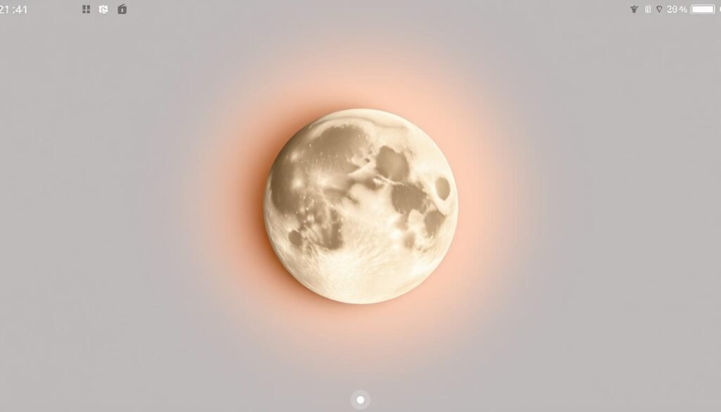 A full moon widget displayed prominently on a clean, minimalist home screen. The moon's surface should be detailed and textured, with a soft, ethereal glow. The widget should occupy a central position, surrounded by subtle, harmonious design elements that complement the lunar motif. Lighting should be natural and ambient, casting a warm, calming influence over the entire scene. The widget's design should be both functional and visually appealing, seamlessly integrating with the device's interface. Convey a sense of tranquility and timelessness, inviting the user to glance at the widget and appreciate the beauty of the moon's cycle.