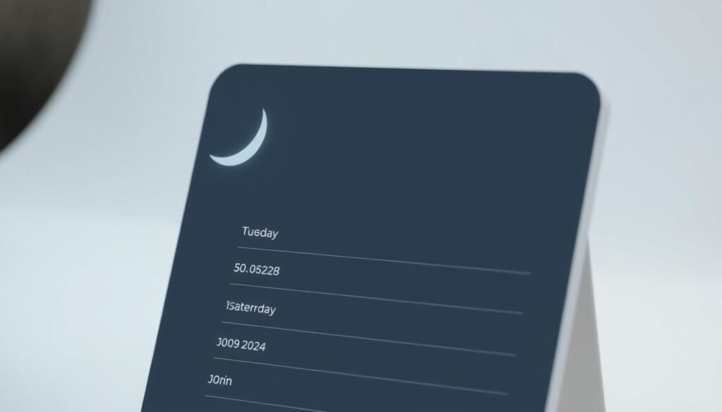 A minimalist calendar widget with a crescent moon in the corner and a simple daily schedule list. The widget is rendered in a clean, modern style with a muted color palette of grays, blues, and whites. The moon casts a soft, ambient glow, creating a serene, calming atmosphere. The schedule list is neatly organized with clean typography and subtle dividers. The overall design is elegant, uncluttered, and focused on functionality and aesthetics. The camera angle is slightly angled to showcase the widget's layout and attention to detail.