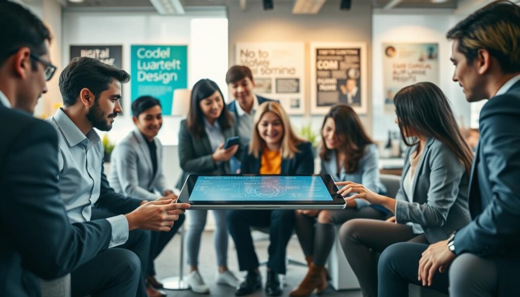 A vibrant and dynamic study scene emphasizing effective learning strategies in technology. In the foreground, a group of diverse young professionals dressed in smart business attire, engaged in a collaborative brainstorming session around a large digital tablet displaying coding and design elements. In the middle ground, a modern office setting with sleek furniture, motivational posters related to digital innovation, and high-tech gadgets scattered around. In the background, large windows letting in warm, natural light, creating an inviting and inspiring atmosphere. The image conveys a sense of optimism and ambition, capturing the essence of training digital talent for future careers amidst a backdrop of innovation and teamwork. The lens should create a slight depth of field, focusing on the group while softly blurring the background for a professional look.