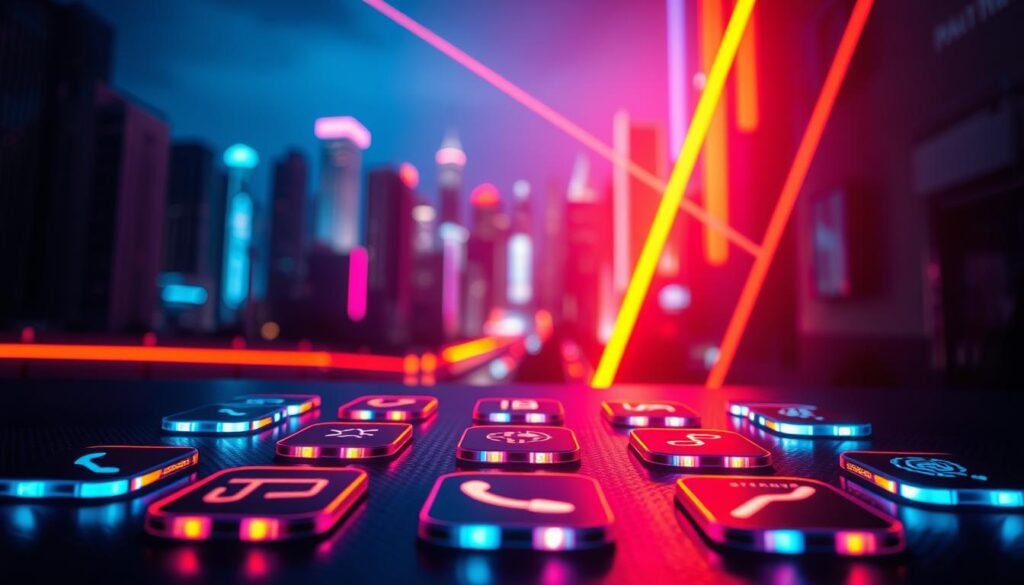 A vibrant and engaging scene depicting a futuristic home screen interface illuminated by neon lines, emphasizing a cyberpunk aesthetic. In the foreground, sleek app icons with vibrant neon colors are arranged in an organized fashion, glowing softly against a dark, textured background. In the middle, abstract geometric shapes and lines flow seamlessly, representing a high-tech environment. The background features a blurred cityscape at night, with neon-lit buildings casting a soft glow, enhancing the cyberpunk vibe. The lighting is dynamic, creating contrasting highlights and shadows, evoking an energetic yet polished atmosphere. The angle is slightly tilted upward, inviting viewers to immerse themselves in this digital world. The overall mood is modern, stylish, and inspiring, perfect for showcasing app themes. A vibrant and engaging scene depicting a futuristic home screen interface illuminated by neon lines, emphasizing a cyberpunk aesthetic. In the foreground, sleek app icons with vibrant neon colors are arranged in an organized fashion, glowing softly against a dark, textured background. In the middle, abstract geometric shapes and lines flow seamlessly, representing a high-tech environment. The background features a blurred cityscape at night, with neon-lit buildings casting a soft glow, enhancing the cyberpunk vibe. The lighting is dynamic, creating contrasting highlights and shadows, evoking an energetic yet polished atmosphere. The angle is slightly tilted upward, inviting viewers to immerse themselves in this digital world. The overall mood is modern, stylish, and inspiring, perfect for showcasing app themes.
