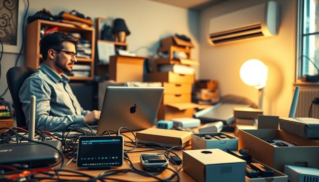 A cluttered home office scene depicting various causes of slow internet connection. In the foreground, a frustrated individual in business casual attire sits at a desk filled with tangled cables and an outdated router, looking at a slow-loading web page on their laptop. On the desk, a smartphone displays weak Wi-Fi signal bars. In the middle ground, open boxes of electronics highlight various network devices. In the background, an air conditioner loudly works, indicating possible interference from home appliances. The lighting is warm and inviting, emanating from a nearby window, and the angle is slightly elevated, providing a comprehensive view of the chaotic workspace. The atmosphere captures a sense of urgency and frustration, reflecting the theme of identifying slow internet issues.
