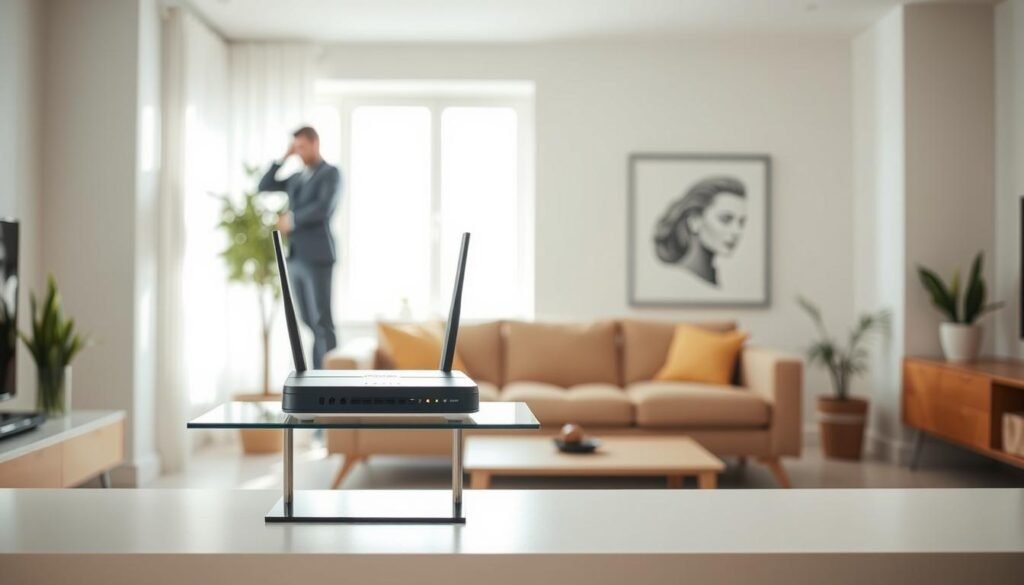 A modern living room with a sleek, minimalistic design showcasing an optimally positioned Wi-Fi router on a stylish shelf. In the foreground, a person in smart casual attire is adjusting the router's antennas for better signal direction, highlighting the action of optimizing the position. In the middle ground, a cozy sofa faces a large window with natural light streaming in, illuminating the scene with a warm glow. The background features plants and a contemporary art piece, creating an inviting atmosphere. Use a soft focus on the background to emphasize the router and the person, capturing a sense of practicality and efficiency in improving home internet connectivity. The overall mood is bright, productive, and technology-savvy.