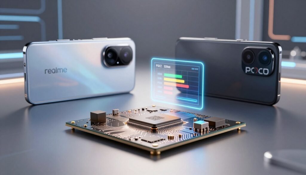 A futuristic smartphone chipset on a sleek, reflective surface, showcasing intricate circuitry and advanced components. In the foreground, the chipset is illuminated softly, highlighting its details, while a digital benchmark graph hovers above, visualizing performance metrics like speed and efficiency. In the middle ground, blurred outlines of both Realme and POCO smartphones create a competitive atmosphere, symbolizing their rivalry. The background features a modern tech-inspired environment with glowing data streams and abstract shapes, enhancing the high-tech mood. The overall lighting is bright yet soft, casting subtle shadows and emphasizing the chipset's importance in the 2026 performance battle between the brands. A futuristic smartphone chipset on a sleek, reflective surface, showcasing intricate circuitry and advanced components. In the foreground, the chipset is illuminated softly, highlighting its details, while a digital benchmark graph hovers above, visualizing performance metrics like speed and efficiency. In the middle ground, blurred outlines of both Realme and POCO smartphones create a competitive atmosphere, symbolizing their rivalry. The background features a modern tech-inspired environment with glowing data streams and abstract shapes, enhancing the high-tech mood. The overall lighting is bright yet soft, casting subtle shadows and emphasizing the chipset's importance in the 2026 performance battle between the brands.