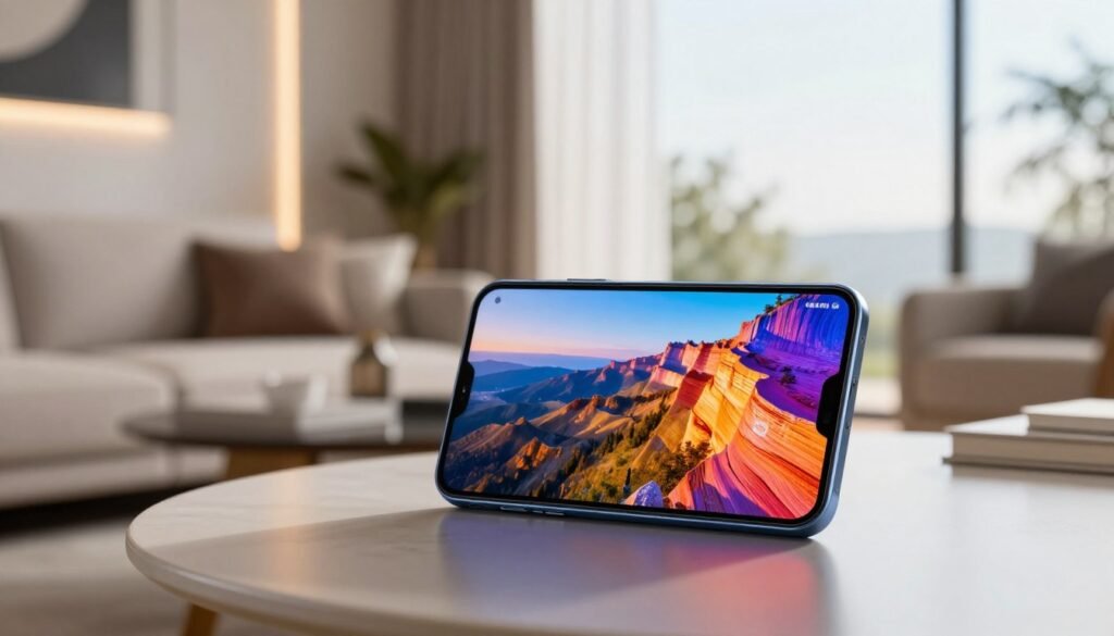 A sleek mid-range Samsung smartphone with a vibrant Super AMOLED display, showcased prominently in the foreground on a stylish table. The phone's screen lights up with vivid colors, displaying a picturesque landscape for visual impact. In the middle ground, a blurred background features a modern living room with elegant decor, softly illuminated by warm, natural light coming through large windows. The atmosphere is inviting and contemporary, evoking a sense of cutting-edge technology. The scene utilizes a shallow depth of field to draw attention to the smartphone, while a gentle focus and a slight camera angle create a dynamic yet professional presentation. The overall mood is optimistic and tech-savvy, highlighting the smartphone as a top choice in mid-range devices. A sleek mid-range Samsung smartphone with a vibrant Super AMOLED display, showcased prominently in the foreground on a stylish table. The phone's screen lights up with vivid colors, displaying a picturesque landscape for visual impact. In the middle ground, a blurred background features a modern living room with elegant decor, softly illuminated by warm, natural light coming through large windows. The atmosphere is inviting and contemporary, evoking a sense of cutting-edge technology. The scene utilizes a shallow depth of field to draw attention to the smartphone, while a gentle focus and a slight camera angle create a dynamic yet professional presentation. The overall mood is optimistic and tech-savvy, highlighting the smartphone as a top choice in mid-range devices.