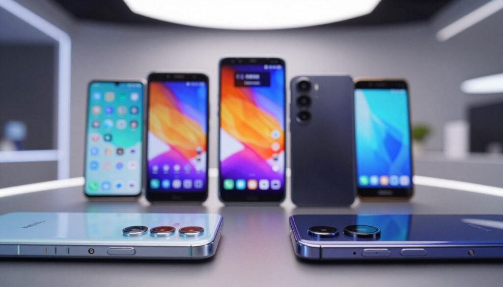 A split composition showcasing the camera features of the Samsung Galaxy F series on one side and the A series on the other. In the foreground, detailed close-ups of each smartphone’s camera lenses, highlighting the differences in design and technology. The middle layer features vibrant smartphone user interfaces displaying camera settings and modes, artistically blurred to maintain focus on the devices. The background should depict a modern, tech-inspired environment with soft, diffused lighting that emphasizes a sleek atmosphere. Capture the reflective surfaces of the phones with a subtle shine, showcasing their premium quality. The overall mood should convey innovation and accessibility, appealing to budget-conscious tech enthusiasts.